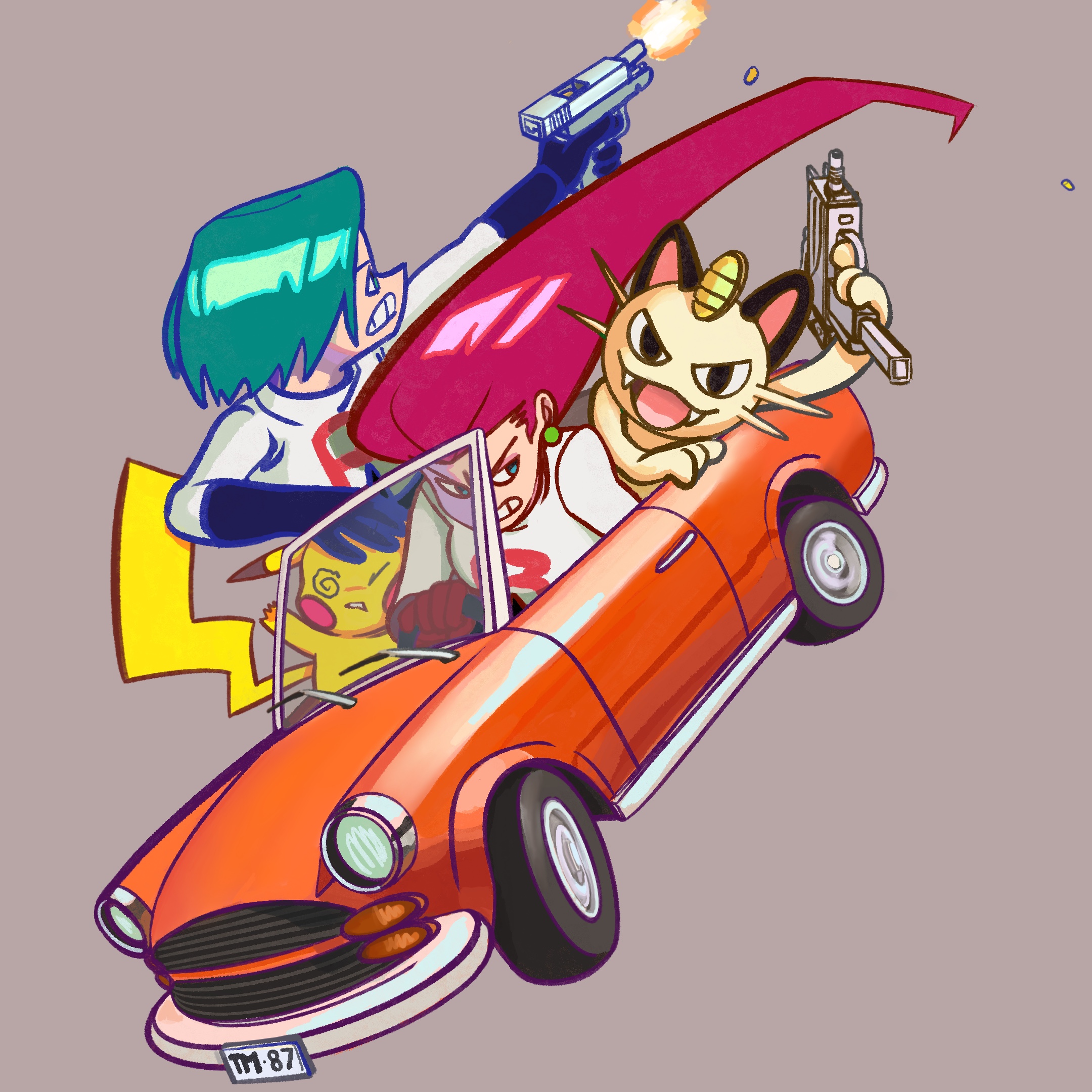 Jesse, James, and Meowth driving a car with guns and a stolen pikachu.